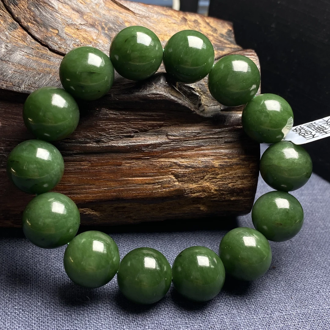 天然和田玉碧玉菠菜绿手串红皮老料15mm＋玉手串单圈