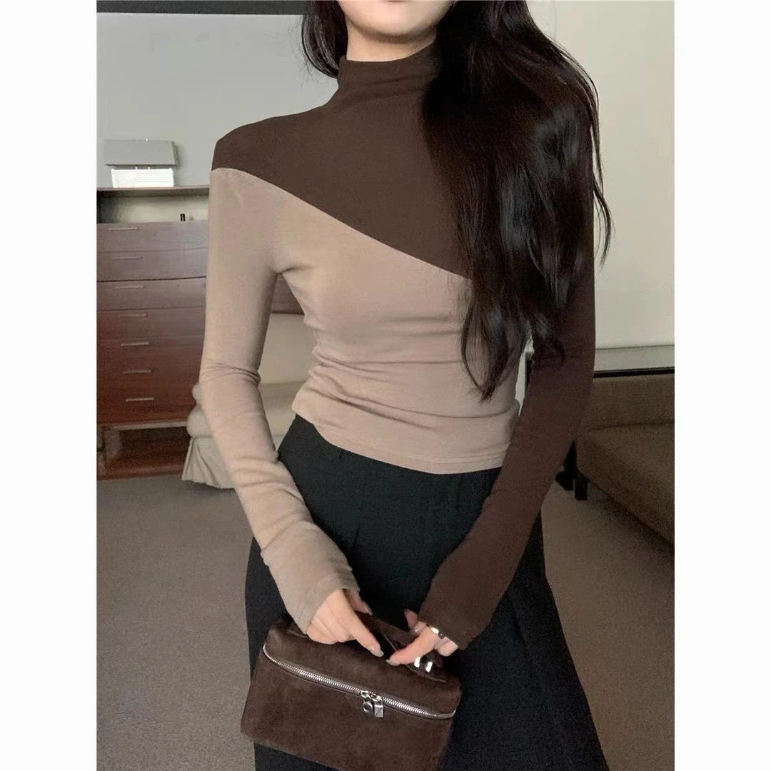 小众设计感撞色半高领长袖T恤女冬季内搭修身百搭打底衫上衣ins潮
