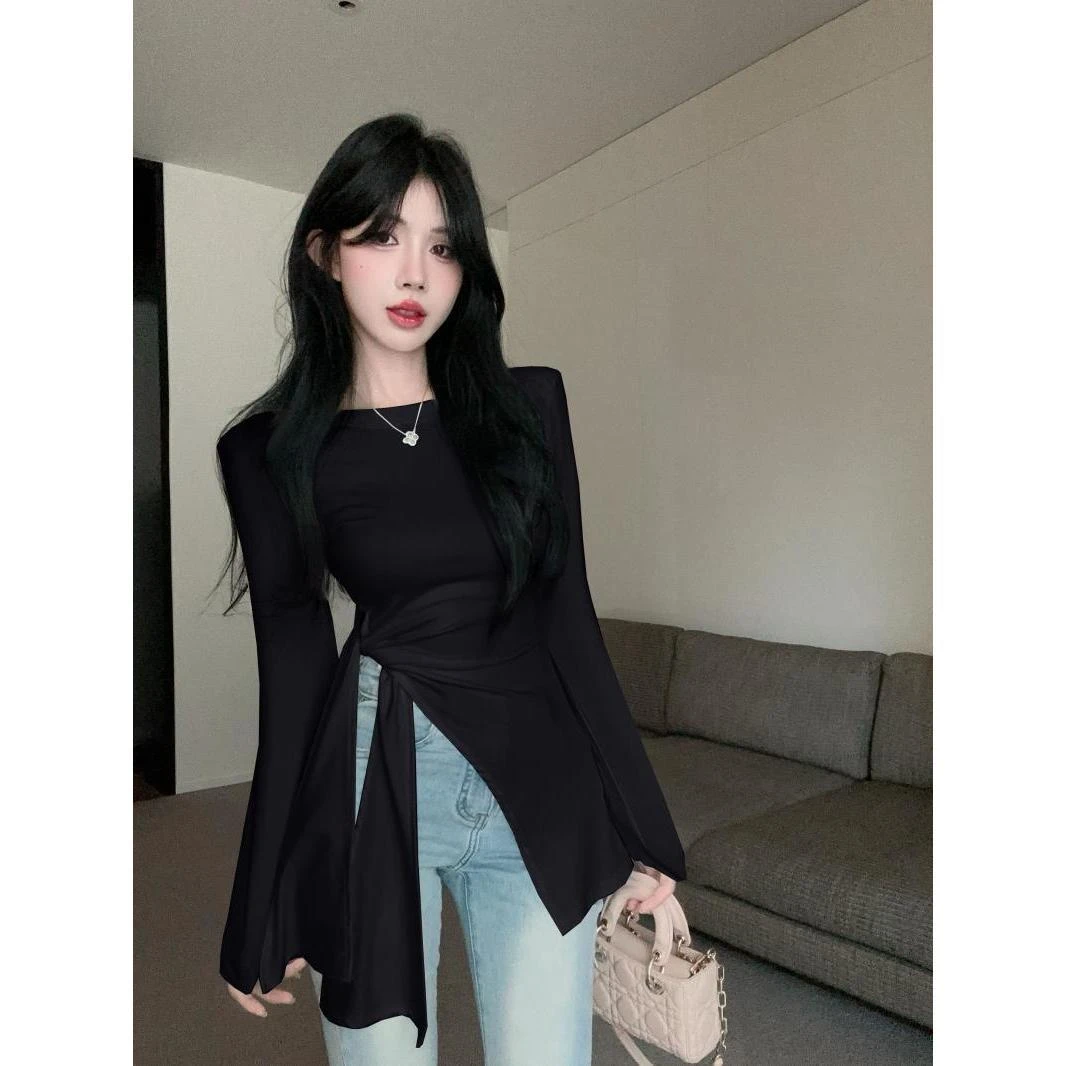 不规则开叉收腰绑带长袖t恤女夏季高级感垫肩上衣独特别致打底衫