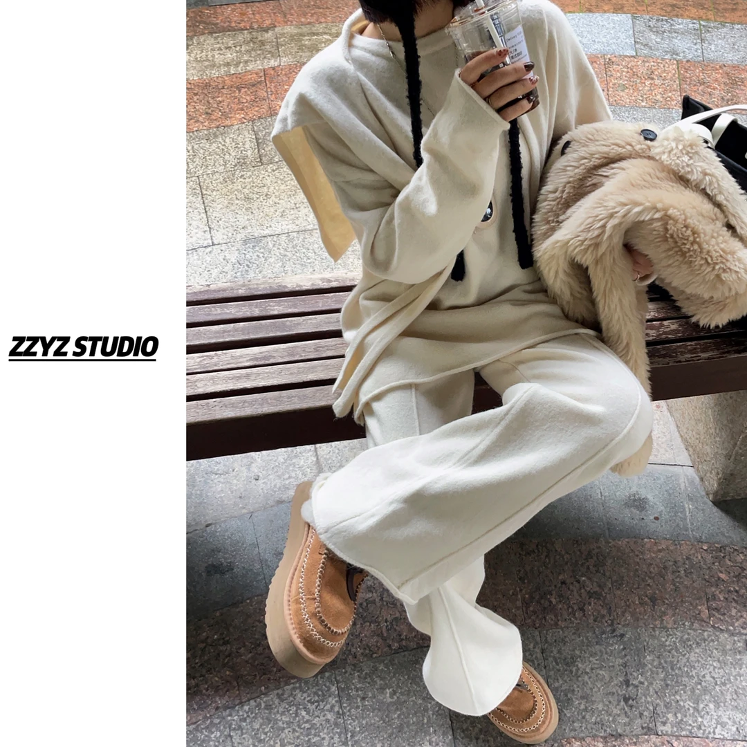 【ZZYZ】“法式奶香”休闲慵懒风针织上衣➕休闲阔腿裤披肩三件套