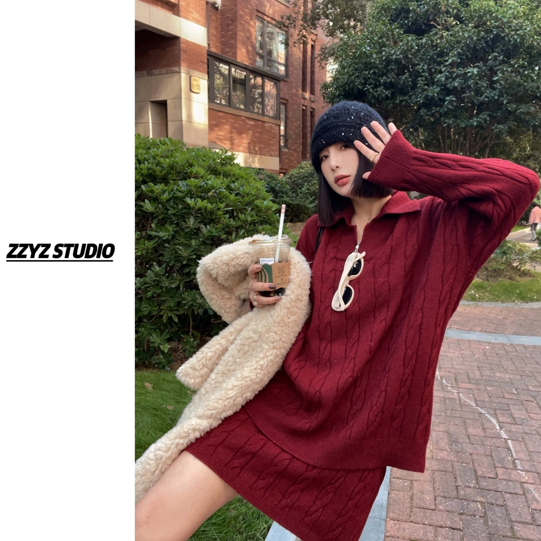 【ZZYZ】“白苔冰原”韩系温柔高级感麻花宽松毛衣➕针织半身裙二件套