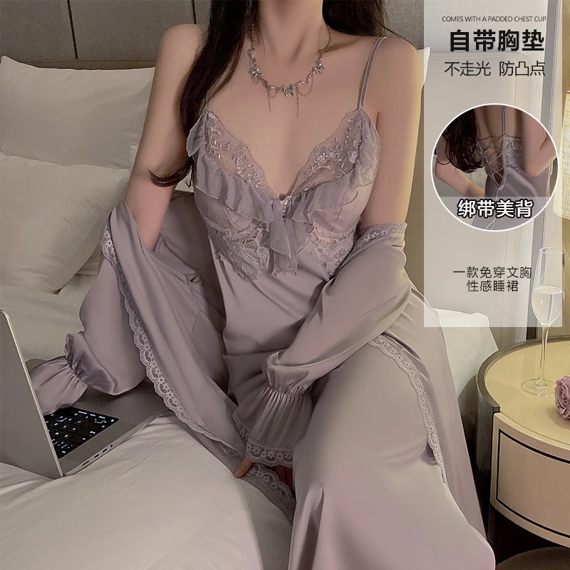 秋冬缎面免穿透视蕾丝深V诱惑绑带诱惑加胸垫睡裙外袍家居服套装1
