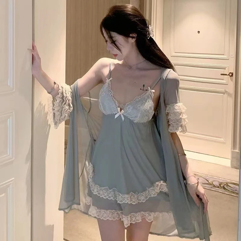 女春夏公主甜美网纱蕾丝深V加胸垫纯欲吊带睡裙式家居套装纯欲风1