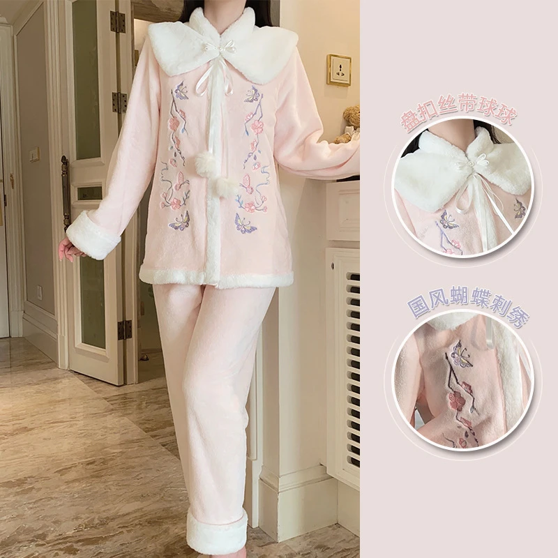 秋冬长袖网红品牌丝绒睡衣国风甜美娃娃领外袍长裤女士家居服套装