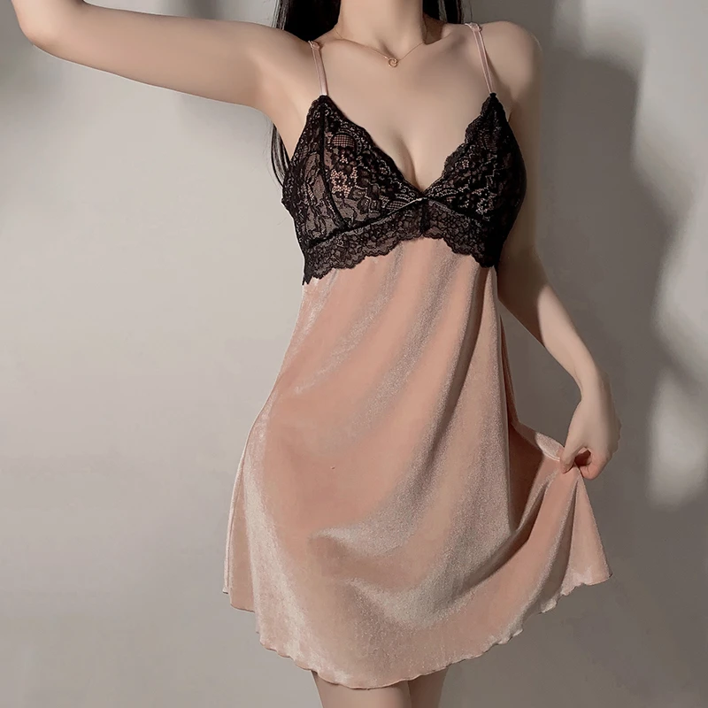 秋冬丝绒纯欲自带蕾丝胸垫睡衣性感新款女款吊带睡裙家居服套装