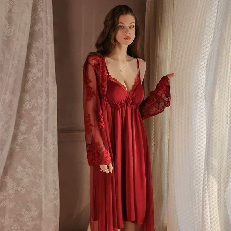 秋冬性感深V诱惑蕾丝拼接缎面睡裙网纱外袍女式家居服套装长款夏1