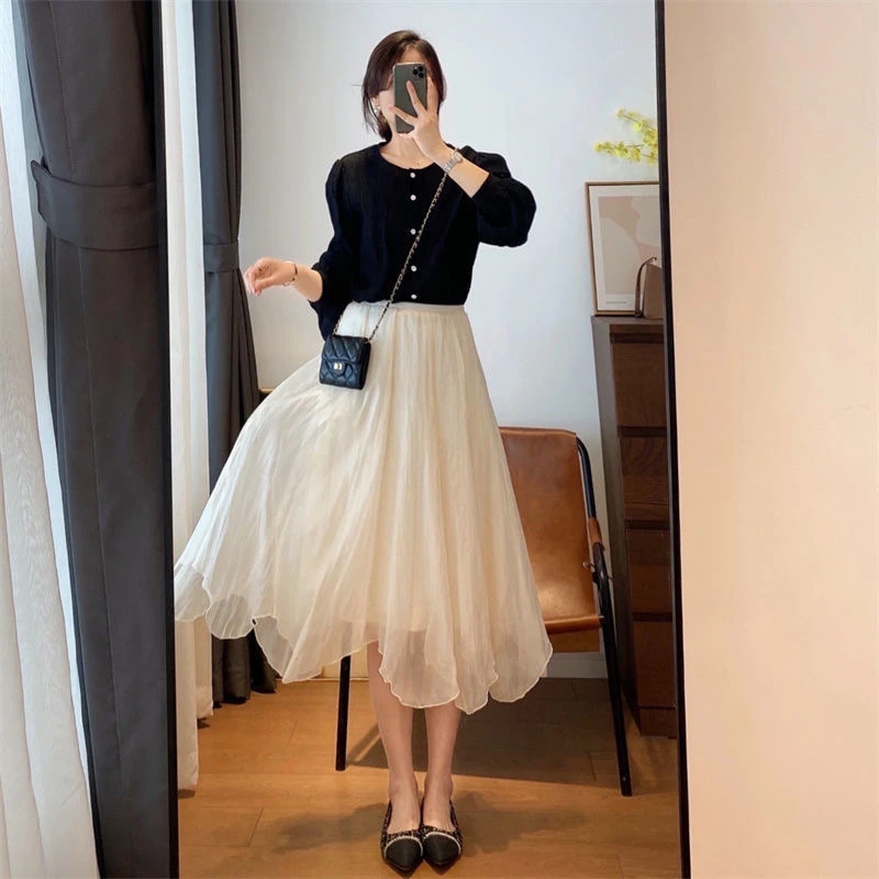 高腰显瘦女小个子纱裙半身裙秋季2023新款垂感仙女大摆网纱雪纺裙