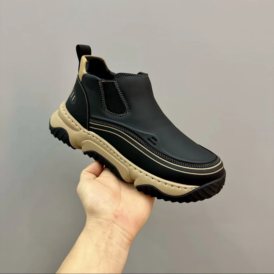 53961加绒头层牛皮休闲板鞋新款高帮男士黑色透气韩版休闲男皮鞋