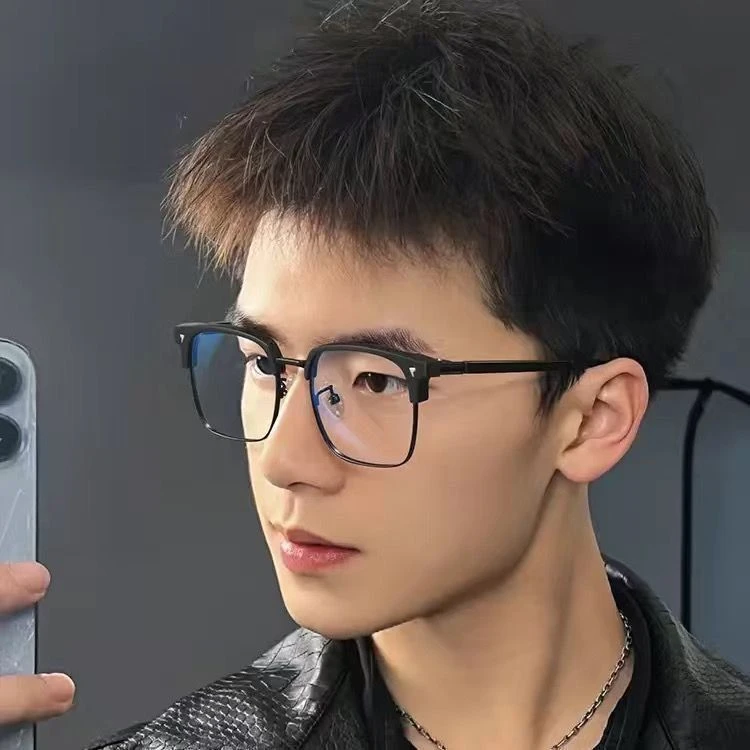 复古半框眼镜男款大脸可配近视镜片男生斯文眉线眼镜框镜架