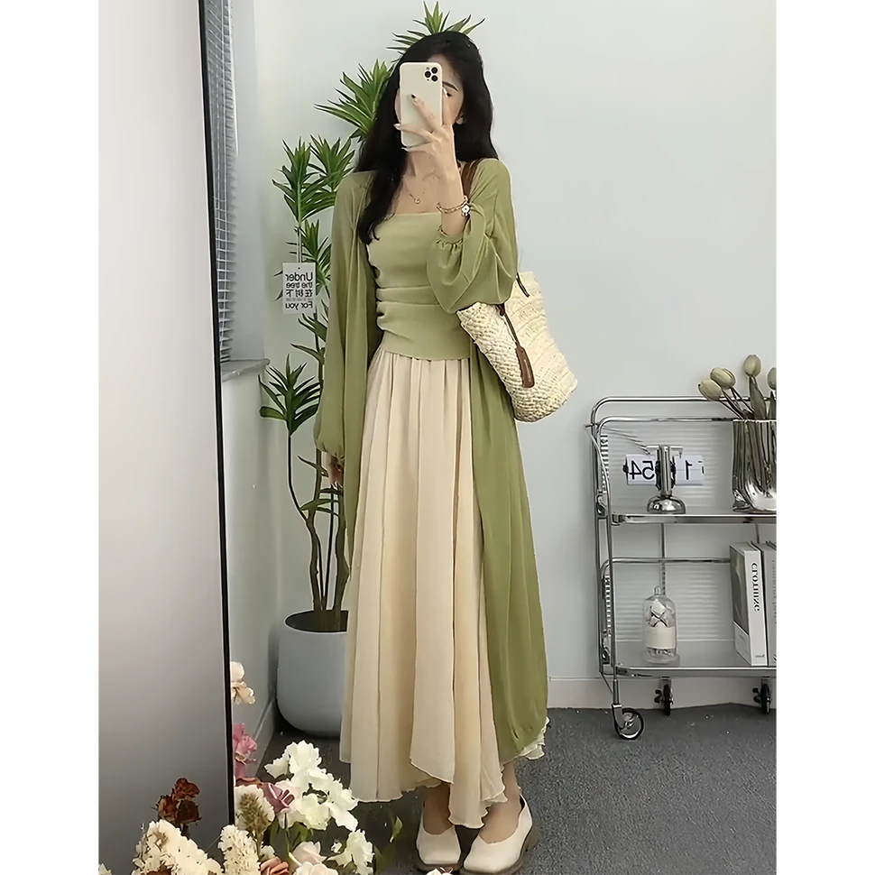 大码女装炸街吊带上衣裙子时尚微胖宽松显瘦半身裙三件套秋装