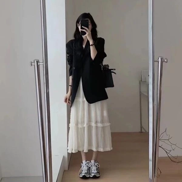 大码女装微胖穿搭高级感西装外套宽松显瘦时尚法式气质裙子