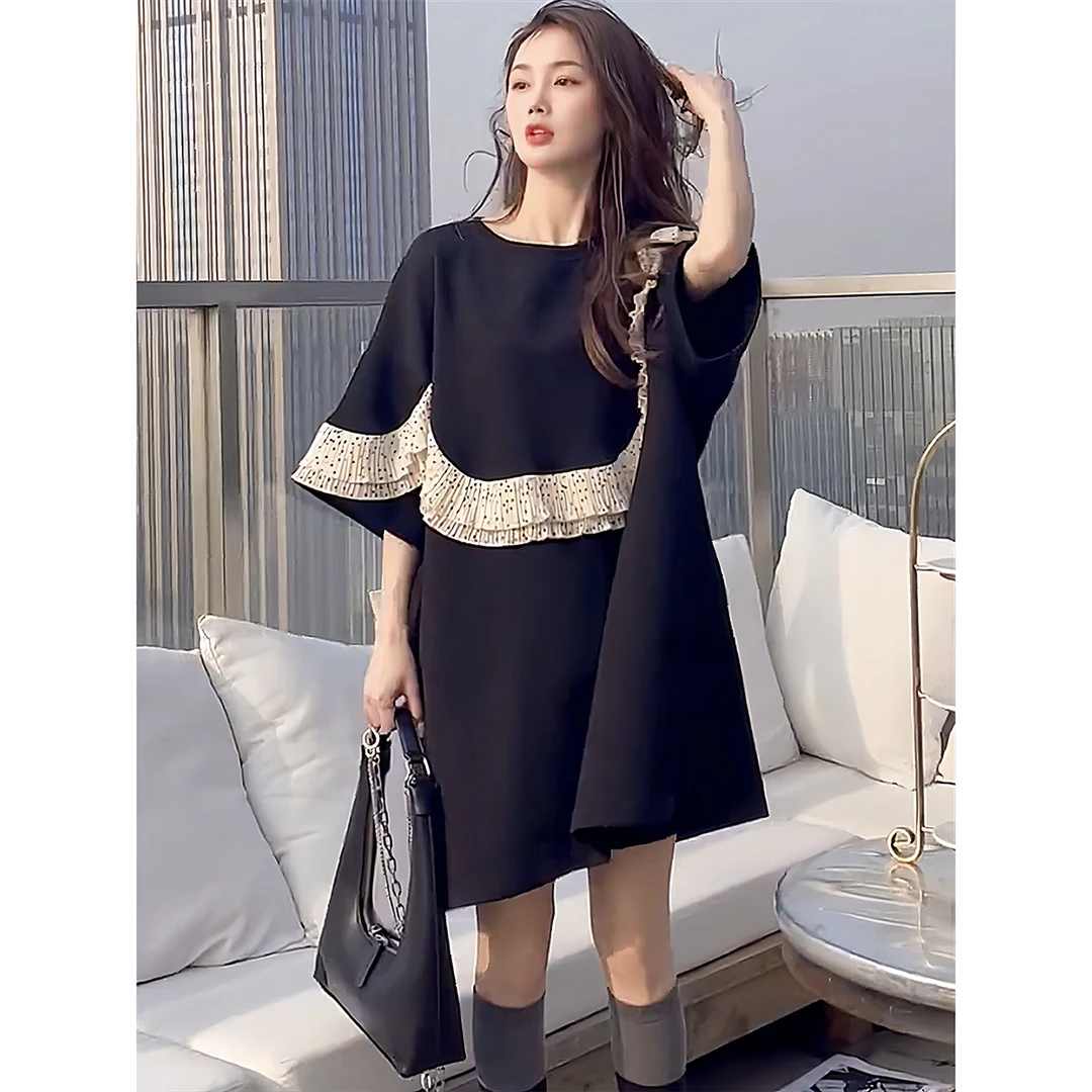 大码女装圆领茶歇法式连衣裙女夏季高级感气质胖mm遮肚子显瘦裙子