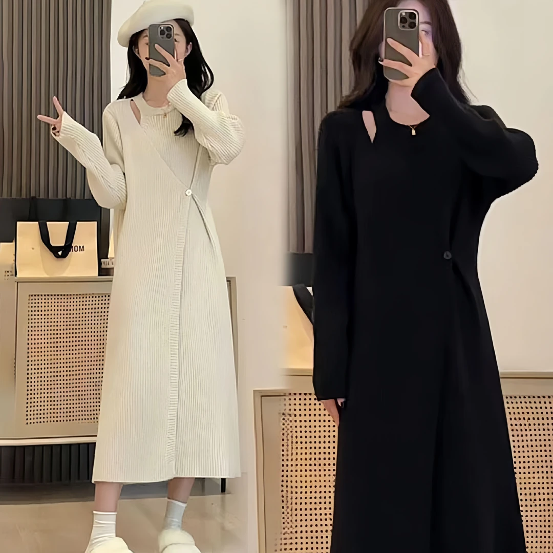 大码女装连衣裙宽松慵懒风显瘦针织衫长袖长款打底毛衣裙子秋款