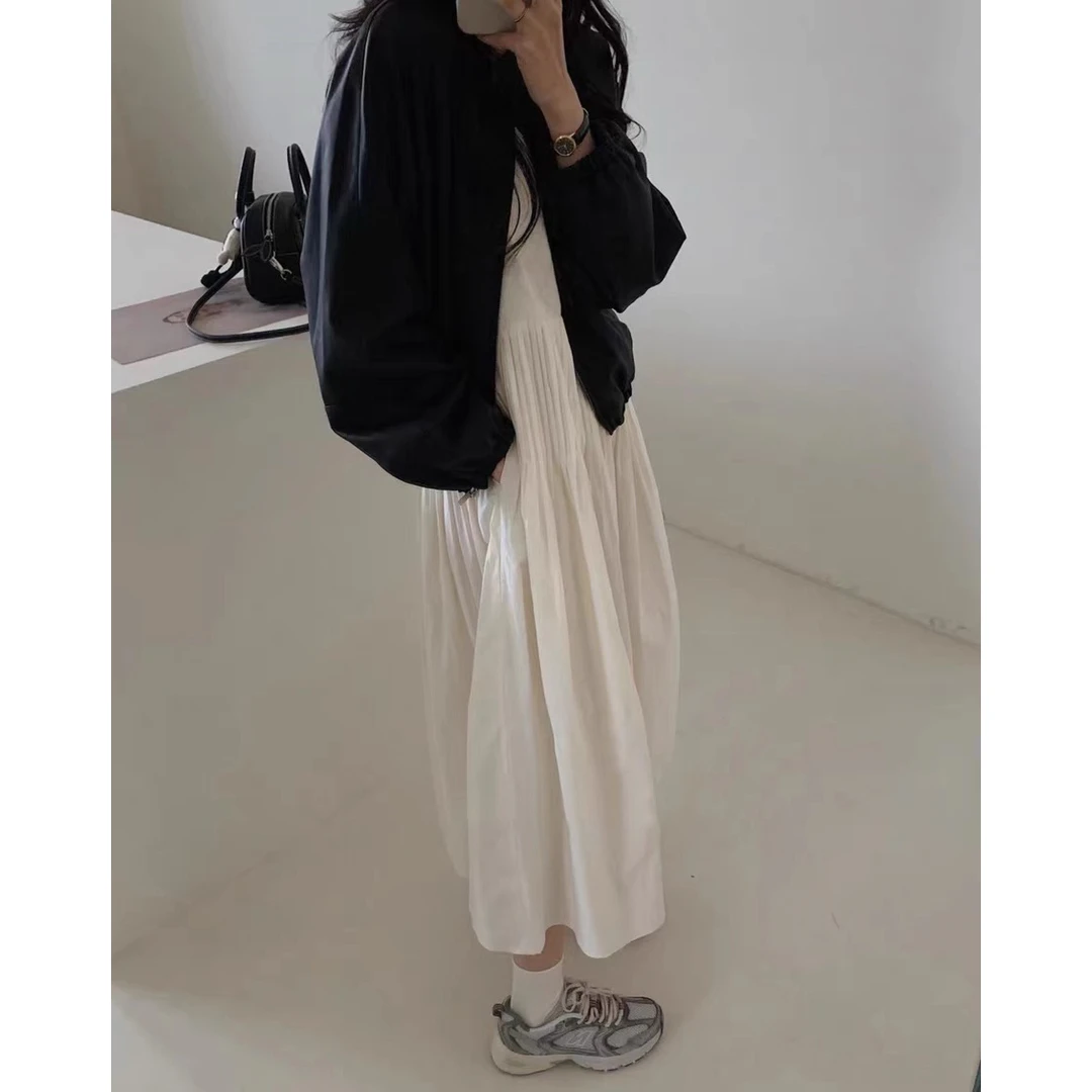 大码女装高级感时尚皮衣外套秋装新款韩系遮肉显瘦吊带连衣裙潮