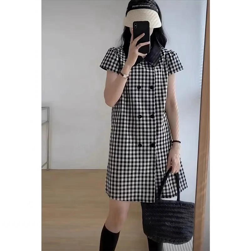 大码女装夏装格子连衣裙女夏季复古休闲设计感小众赫本风裙子