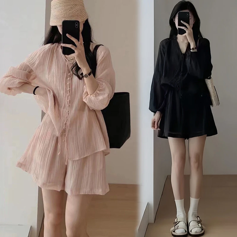大码女装夏季新款防晒衬衫法式微胖显瘦穿搭高腰短裤高级感上衣
