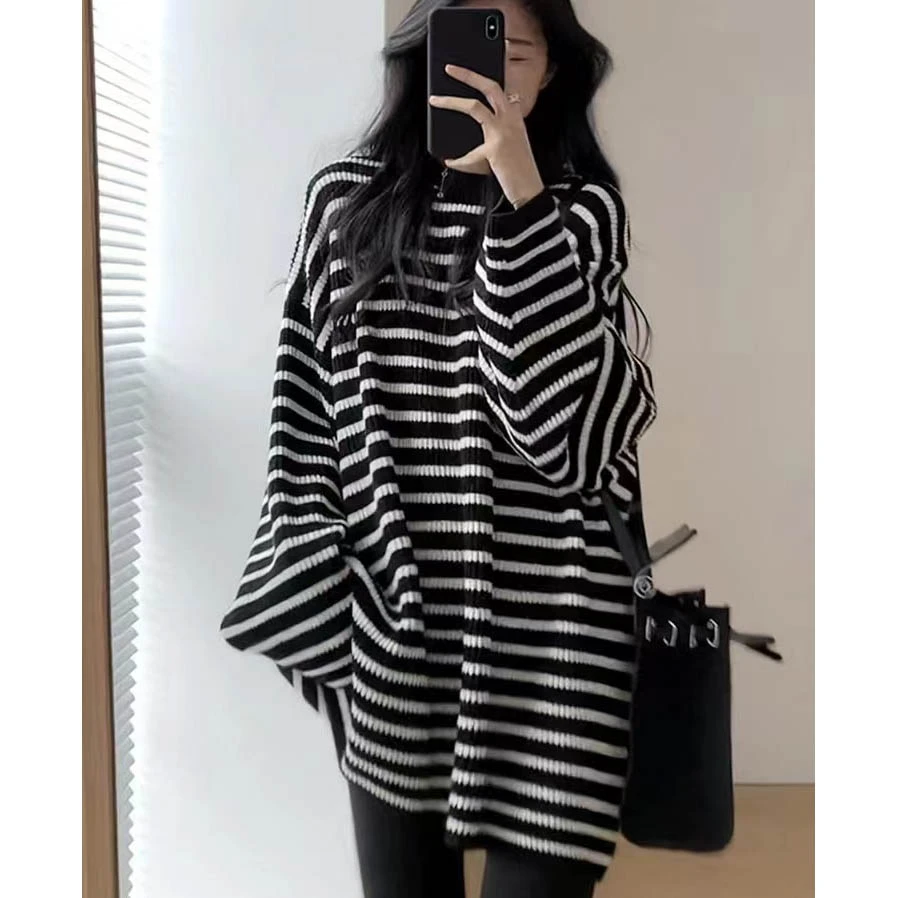 大码女装时尚设计感秋装韩系宽松遮肉条纹长袖连衣裙显瘦裤秋冬