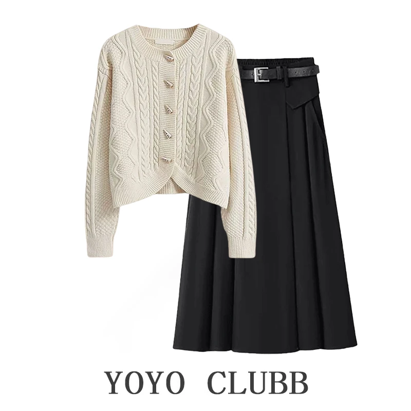 秋冬套装女2025新款牛角扣针织开衫毛衣外套显瘦百搭半身裙两件套