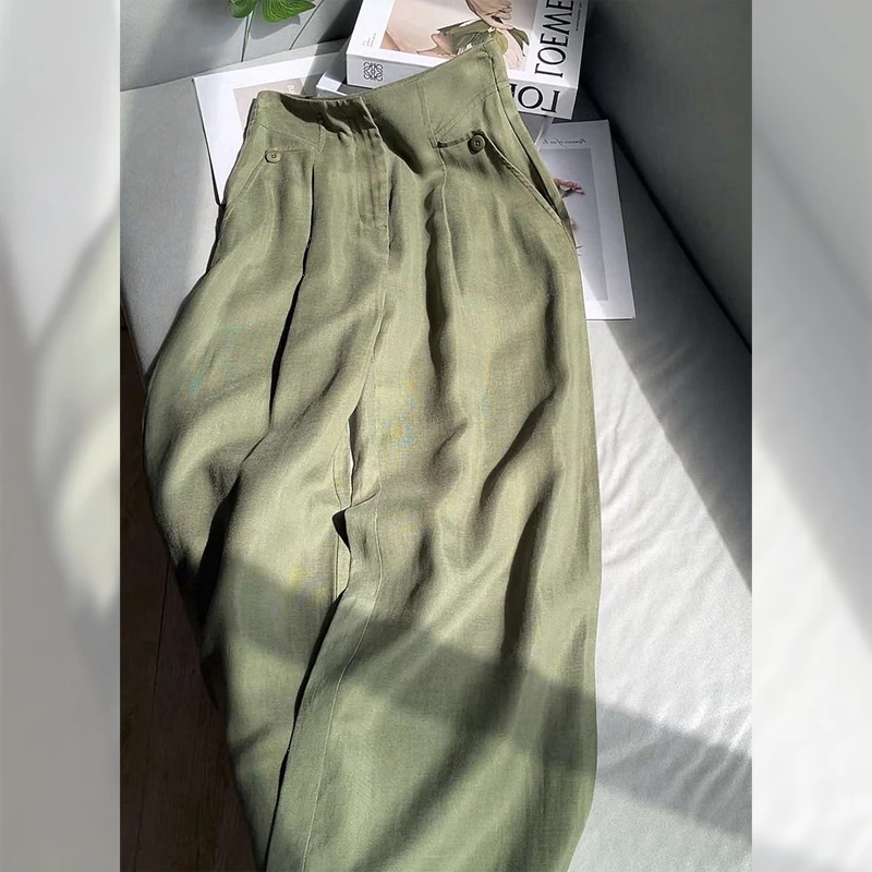清冷感绿色高腰阔腿裤女2024夏新款韩系气质百搭遮胯显瘦直筒裤潮