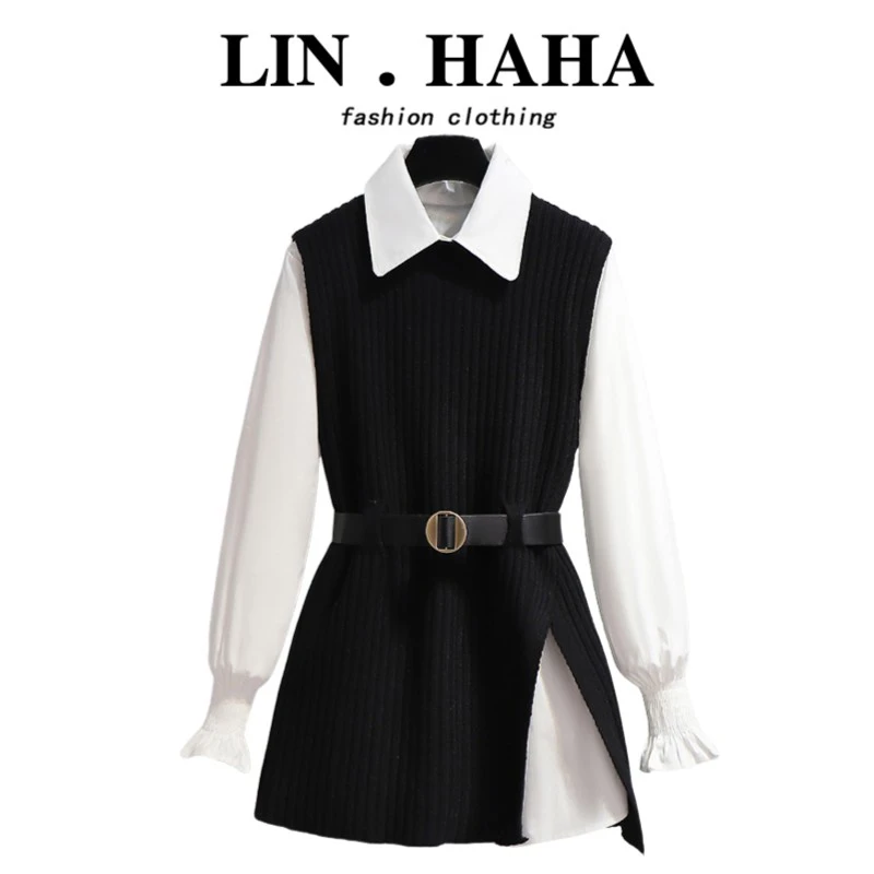 【品质专属】2025秋冬款气质显瘦针织马甲内搭叠穿衬衫上衣两件套