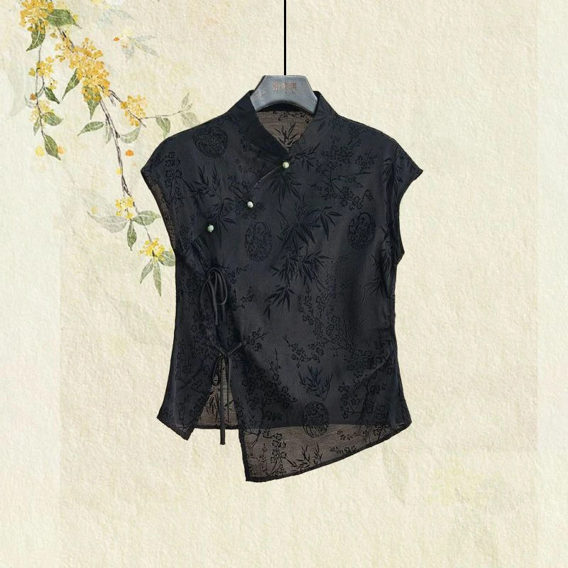 新中式国风旗袍上衣黑色提花正肩短袖t恤女2025新款夏季复古小衫
