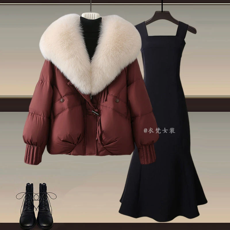 冬季女装套装2024新款加厚大码棉服外套气质显瘦鱼尾连衣裙两件套