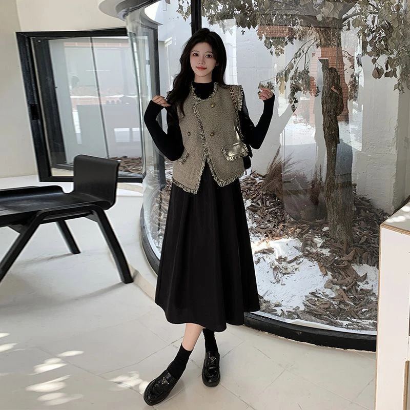 法式小香风时尚马甲套装裙女春秋2025新款高级感显瘦连衣裙两件套