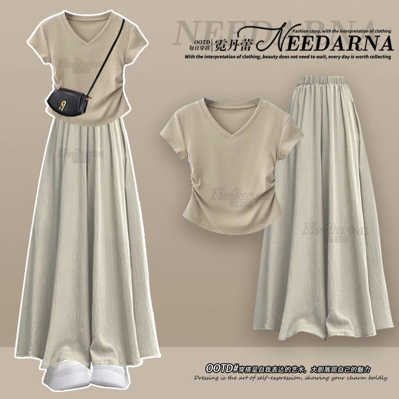 夏季穿搭一整套女2025新款洋气V领短袖T恤宽松显瘦休闲裙裤两件套