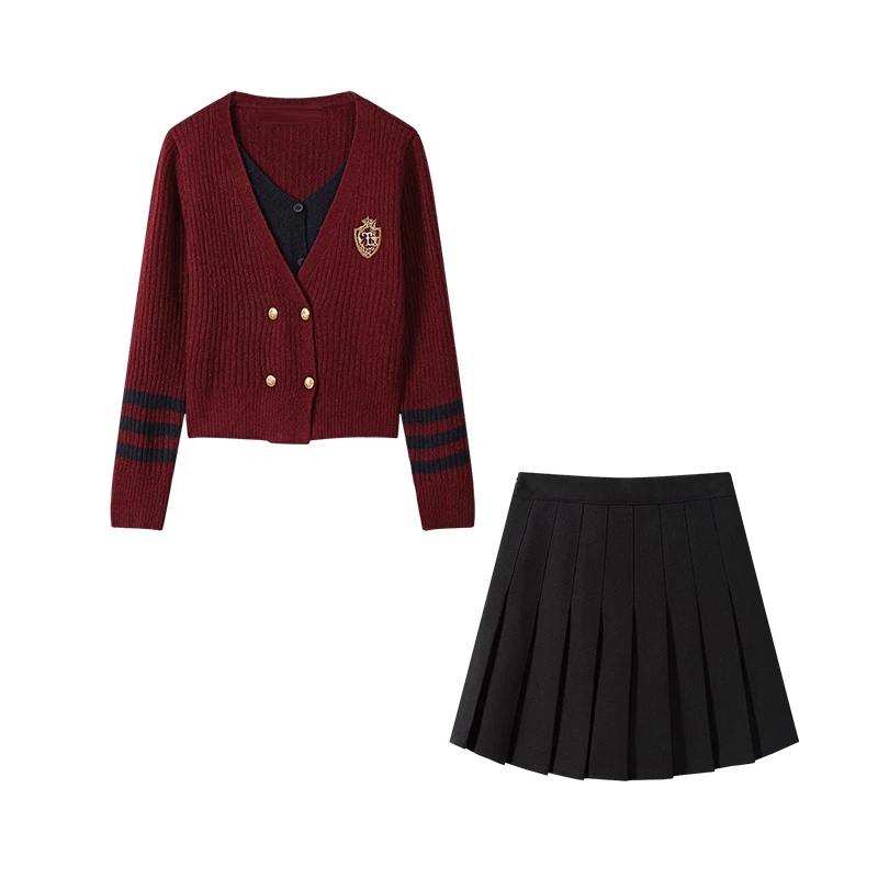 春季套装女2025新款韩系气质假两件毛衣开衫减龄百褶裙短裙两件套