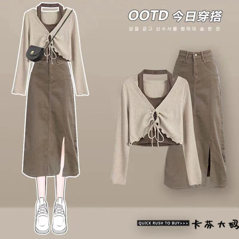 春季套装女2025新款设计感假两件长袖上衣配显瘦牛仔半身裙两件套