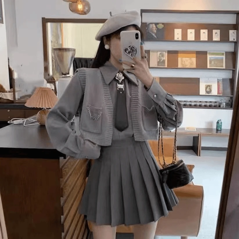 【浅浅专属】秋装套装女2024新款学院风减龄针织披肩衬衫百褶裙套装