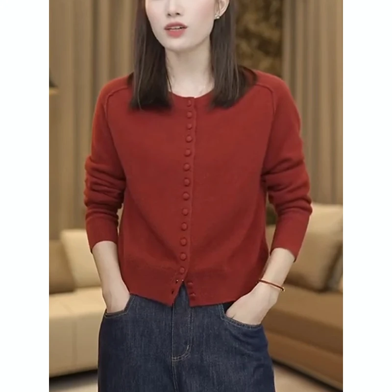 NUMEN BUTTON/灵扣安可拉红针织衫女秋2024新款妈妈洋气时尚修身