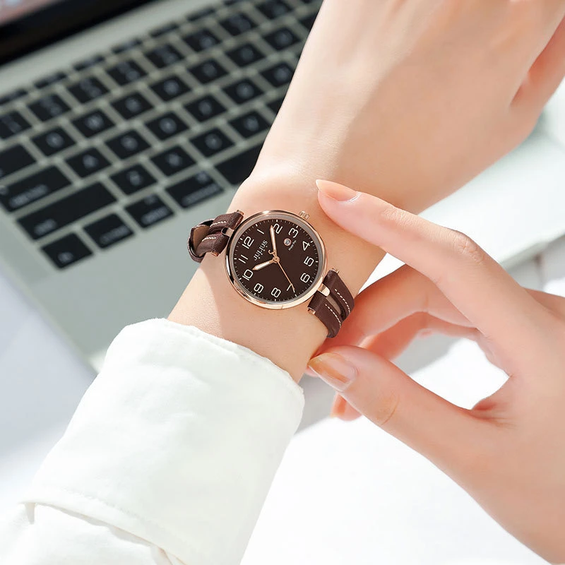 聚利时正品女表ins风简约气质圆形真皮防水女表腕表时尚女款女士