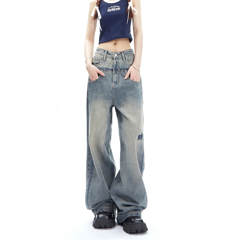 【早春新品】APEA美式复古2023水洗做旧刺绣拼接设计直筒牛仔裤女