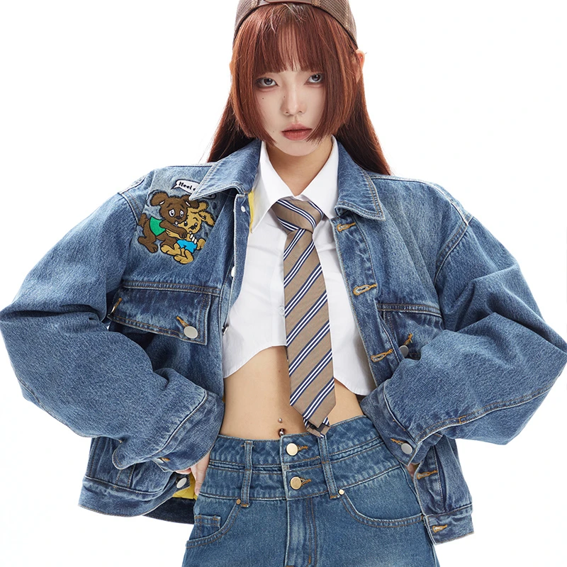 APEA美式复古卡通趣味图案牛仔外套撞色宽松棉服上衣DW-JKH22W084