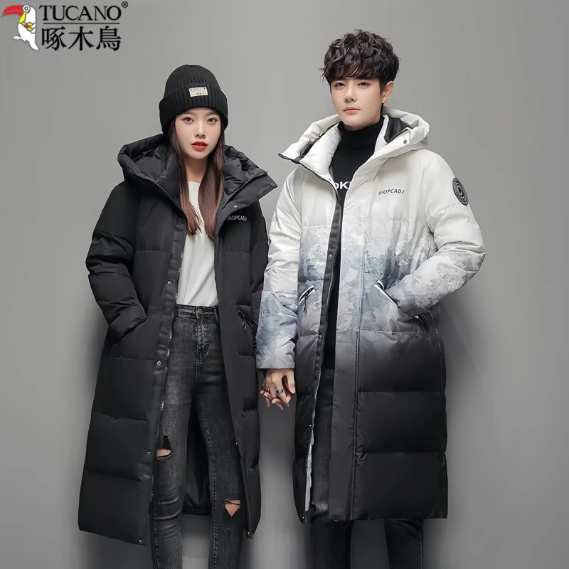 TUCANO/啄木鳥羽绒服加厚加绒冬季新款过膝情侣渐变外套保暖连帽