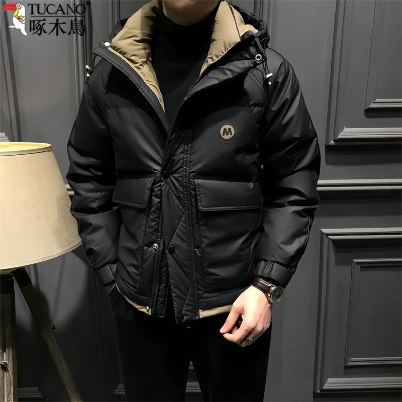 啄木鳥男士冬季时尚短款羽绒服修身加厚保暖羽绒御寒连帽外套青年