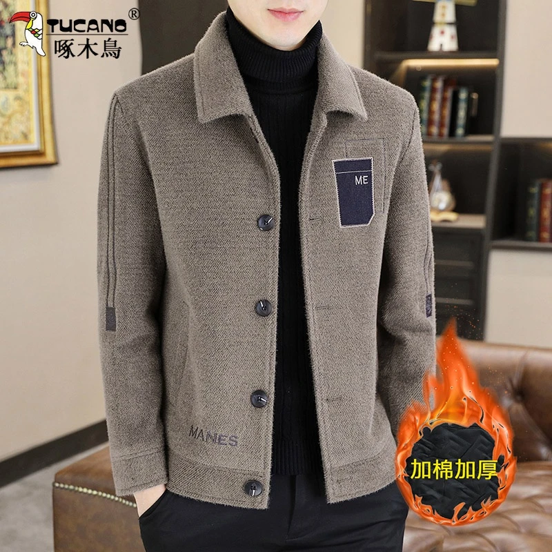 啄木鳥夹克男款秋冬短款毛呢大衣男士加绒加厚翻领加厚呢子外套男