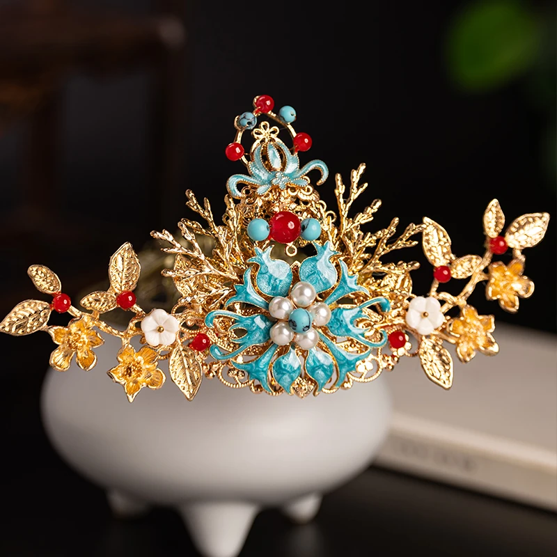 古风发饰景泰蓝发冠复古新中式新烧蓝凤冠