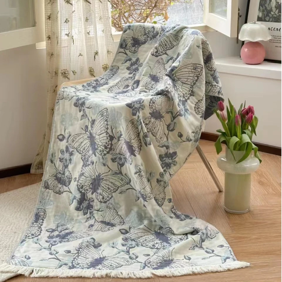 H1261 纯棉单人土耳其流苏毯 蓝蝴蝶150*200沙发毛毯午睡毯简约