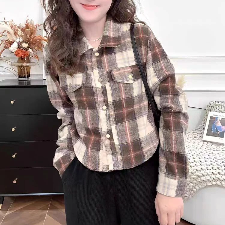小个子短款翻领磨毛格子衬衫女秋冬新款复古长袖休闲百搭开衫外套