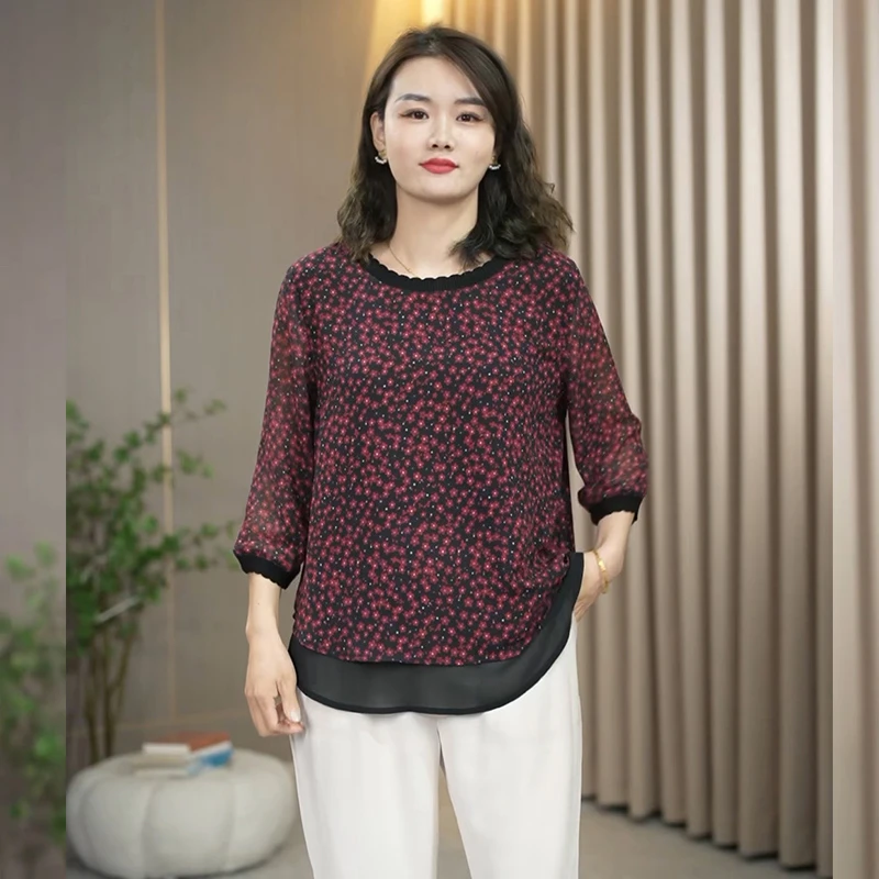 火袖A8706时尚圆领小碎花上衣女2024新款宽松遮肚子妈妈装小衫