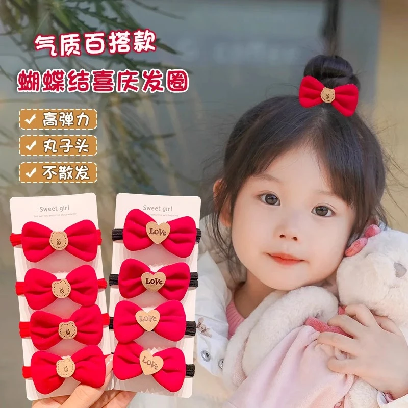 儿童喜庆红色丝绒蝴蝶结发圈秋冬可爱扎头发绳高弹力不伤发皮筋Z