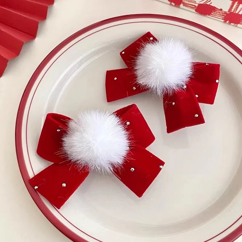 冬日新款红色丝绒毛球蝴蝶结闪钻发夹可爱儿童发卡女童古风头饰Z
