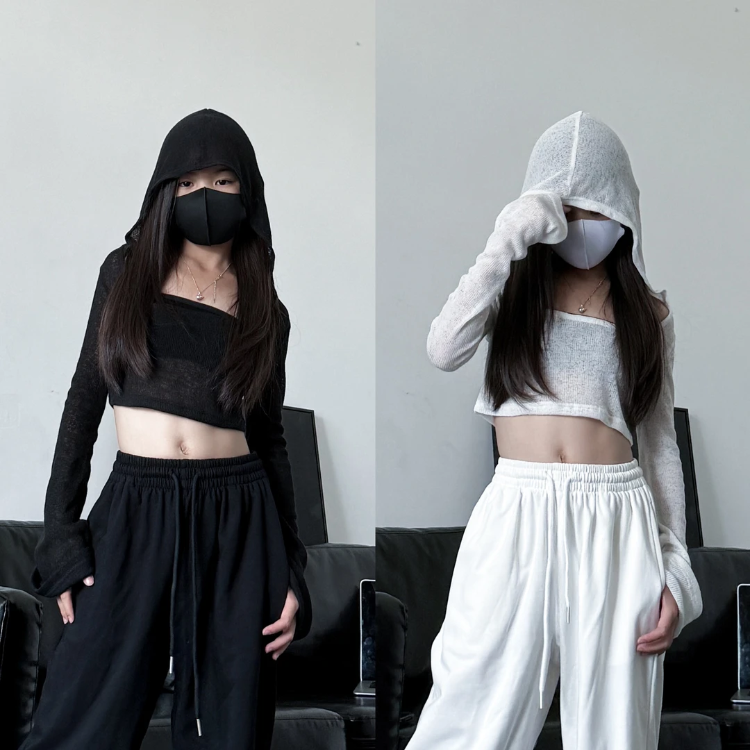 潮酷女童连帽透视罩衣废土风薄款外搭设计感爵士舞长袖上衣演出服