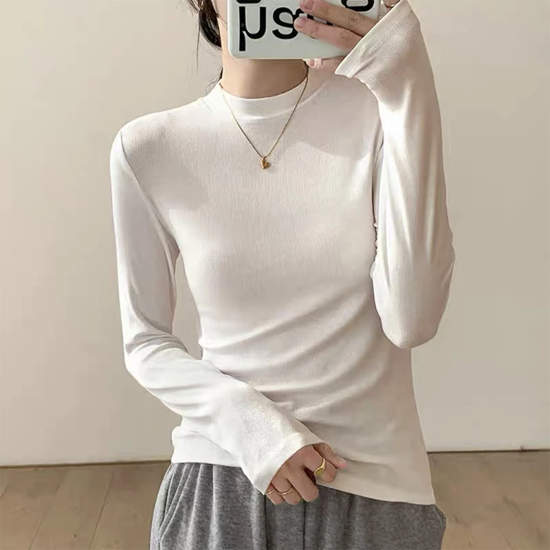 秋冬新款半高领长袖t恤女纯色百搭修身显瘦中领打底衫女洋气上衣