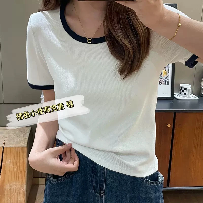 正肩短袖t恤女宽松显瘦U领拼色百搭圆领微胖mm大码女装夏季上衣