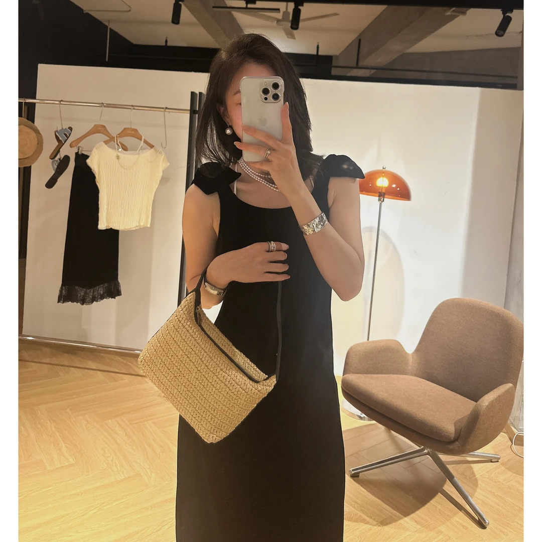 （今昔 ）真丝丝绒连衣裙今昔经典圆领小黑裙蕾丝