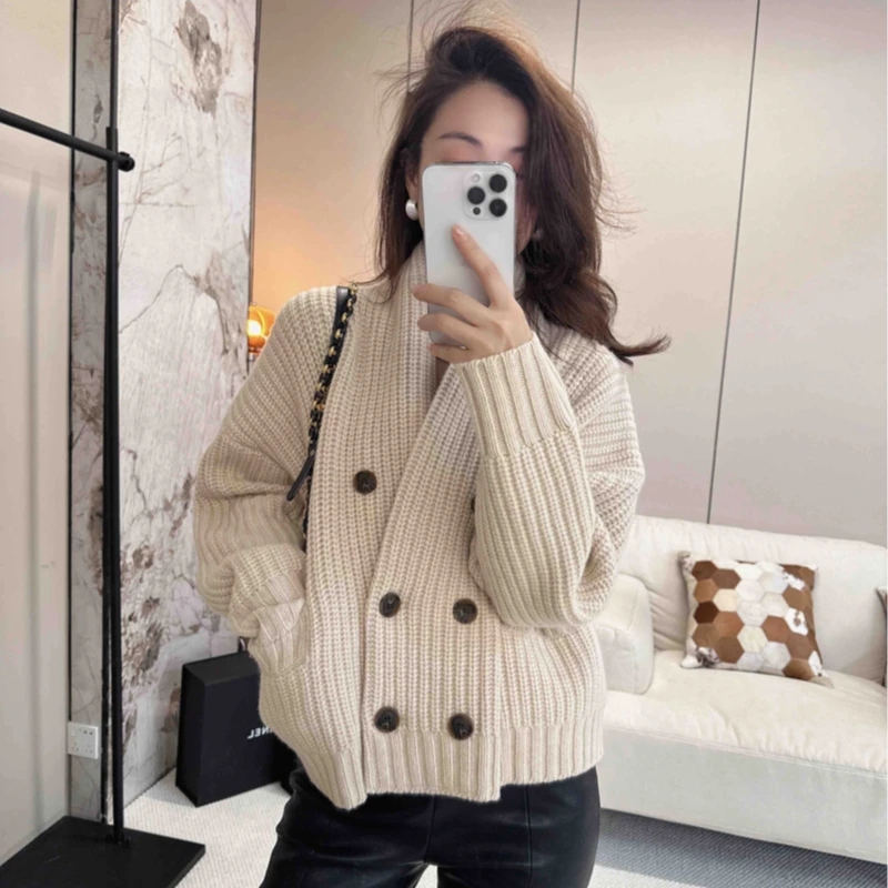 (老钱开衫)法式懒宽松落肩时尚气质羊毛衫深圳南油