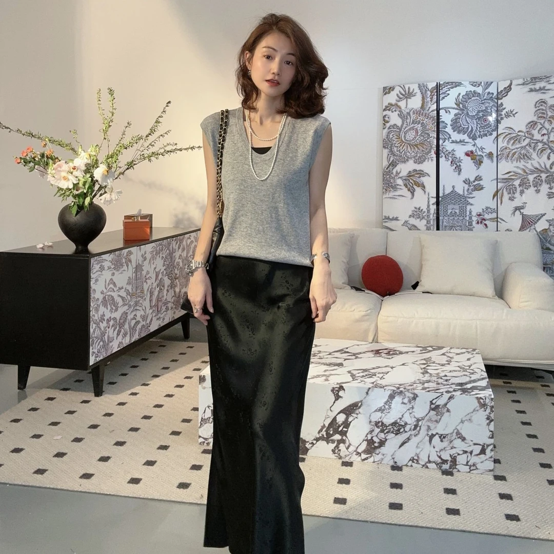 《花开半夏》提花醋酸开叉半裙 气质夏季时尚设计师显瘦直筒休闲